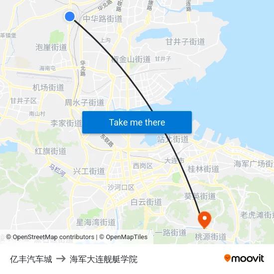 亿丰汽车城 to 海军大连舰艇学院 map