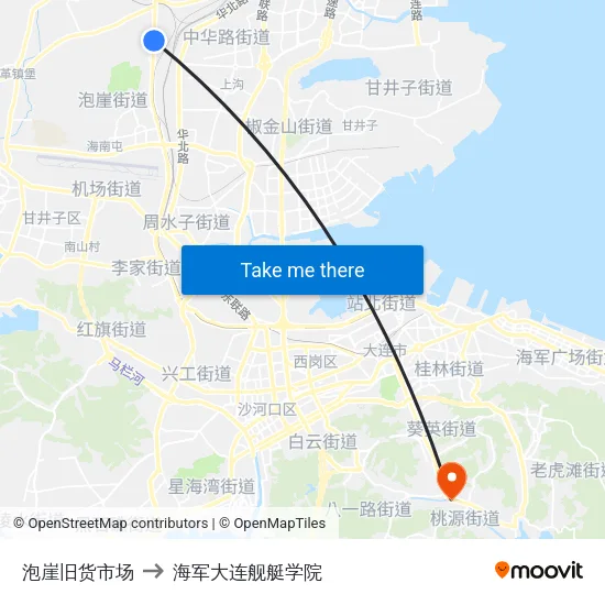 泡崖旧货市场 to 海军大连舰艇学院 map