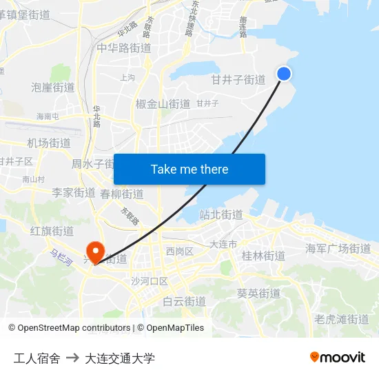 工人宿舍 to 大连交通大学 map