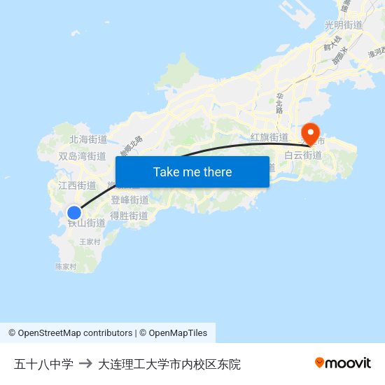 五十八中学 to 大连理工大学市内校区东院 map