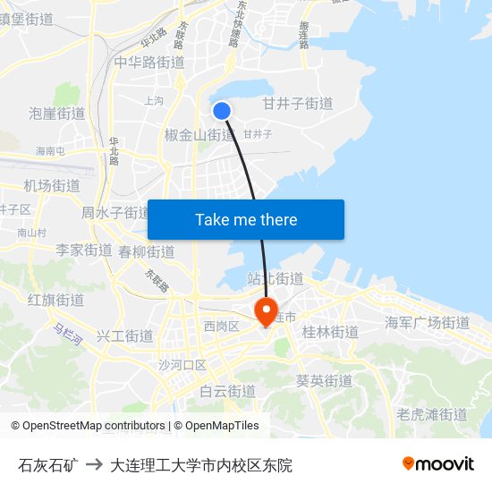 石灰石矿 to 大连理工大学市内校区东院 map