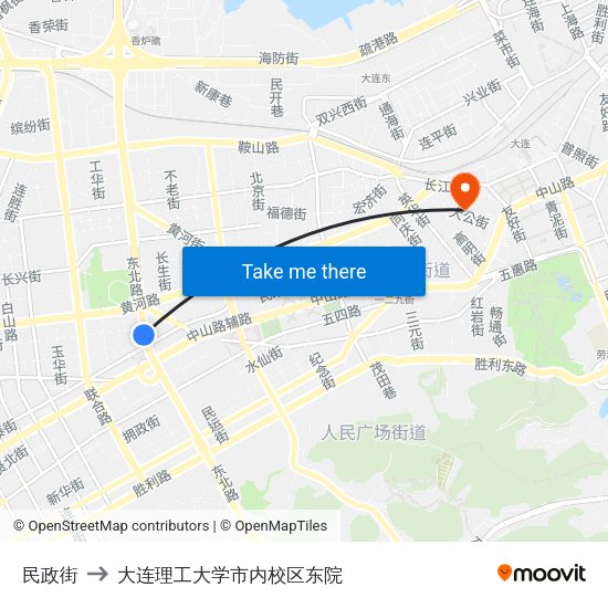 民政街 to 大连理工大学市内校区东院 map