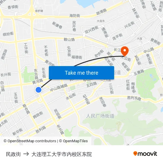 民政街 to 大连理工大学市内校区东院 map