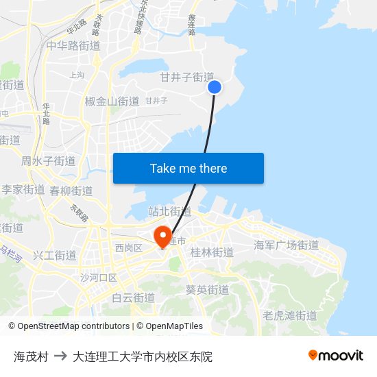 海茂村 to 大连理工大学市内校区东院 map