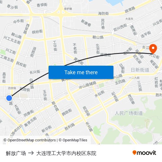 解放广场 to 大连理工大学市内校区东院 map