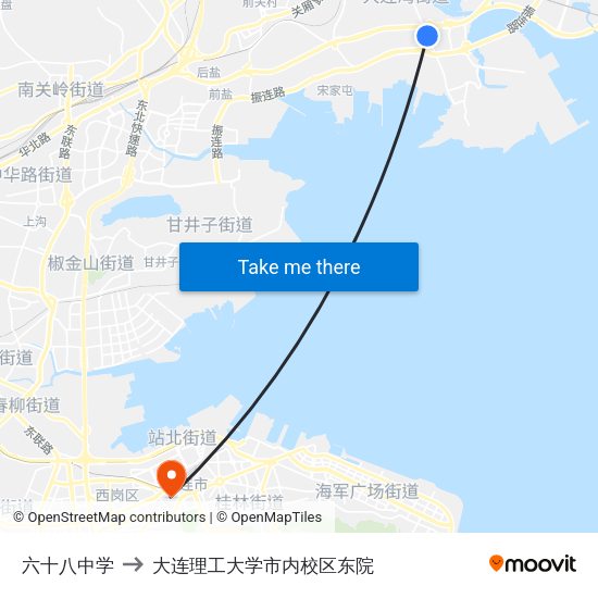 六十八中学 to 大连理工大学市内校区东院 map