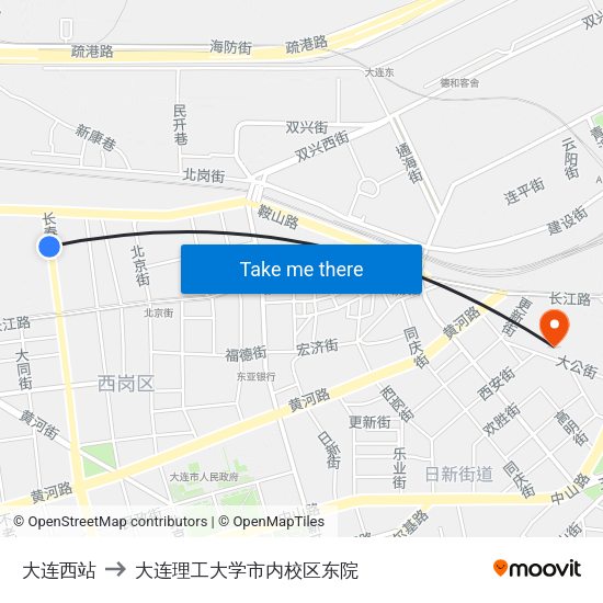 大连西站 to 大连理工大学市内校区东院 map