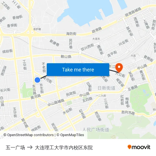 五一广场 to 大连理工大学市内校区东院 map