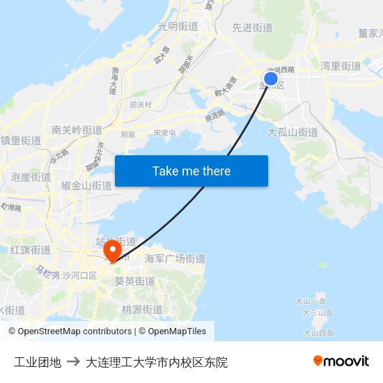 工业团地 to 大连理工大学市内校区东院 map