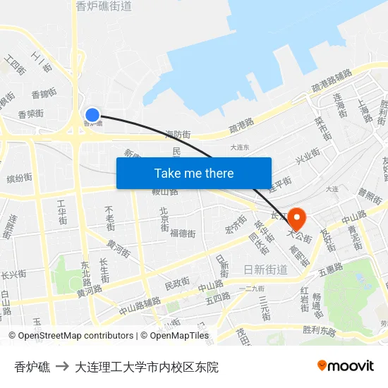 香炉礁 to 大连理工大学市内校区东院 map