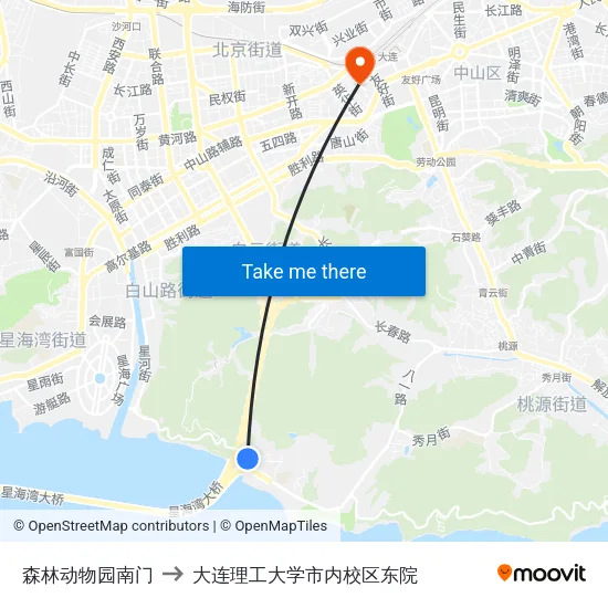 森林动物园南门 to 大连理工大学市内校区东院 map