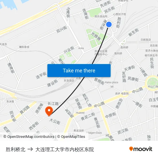 胜利桥北 to 大连理工大学市内校区东院 map