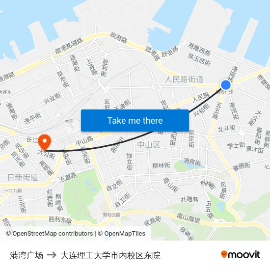 港湾广场 to 大连理工大学市内校区东院 map