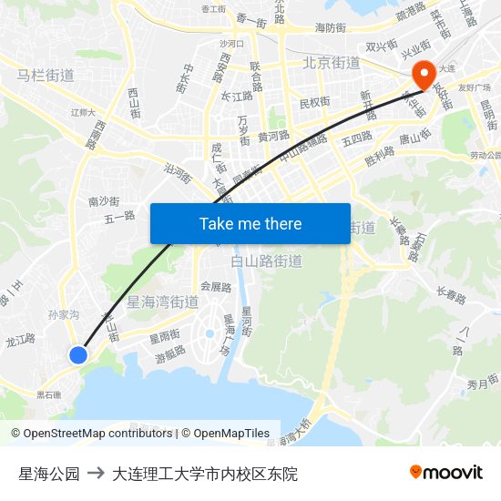 星海公园 to 大连理工大学市内校区东院 map