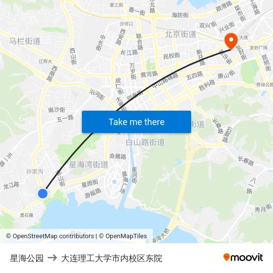 星海公园 to 大连理工大学市内校区东院 map
