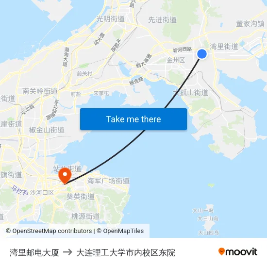 湾里邮电大厦 to 大连理工大学市内校区东院 map