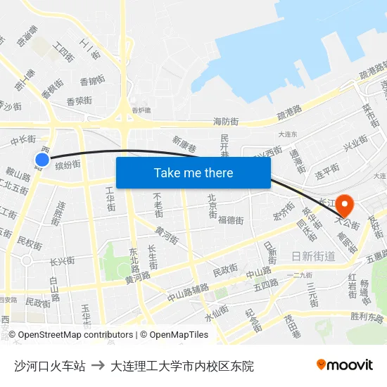 沙河口火车站 to 大连理工大学市内校区东院 map