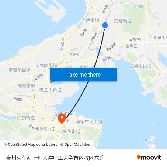 金州火车站 to 大连理工大学市内校区东院 map