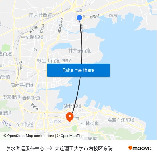 泉水客运服务中心 to 大连理工大学市内校区东院 map