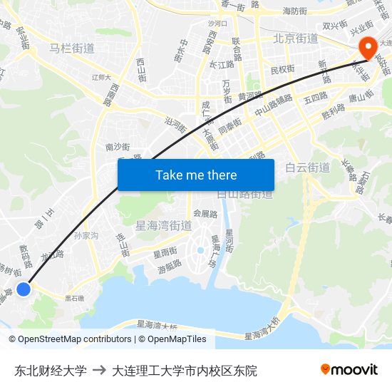 东北财经大学 to 大连理工大学市内校区东院 map