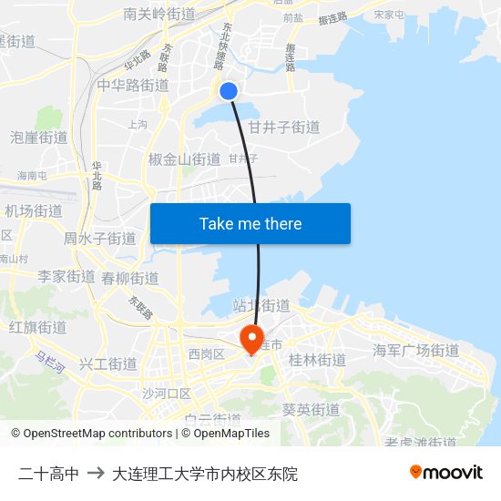 二十高中 to 大连理工大学市内校区东院 map