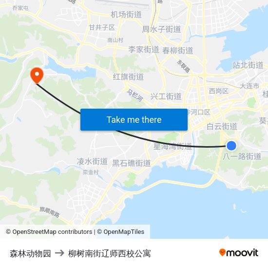 森林动物园 to 柳树南街辽师西校公寓 map