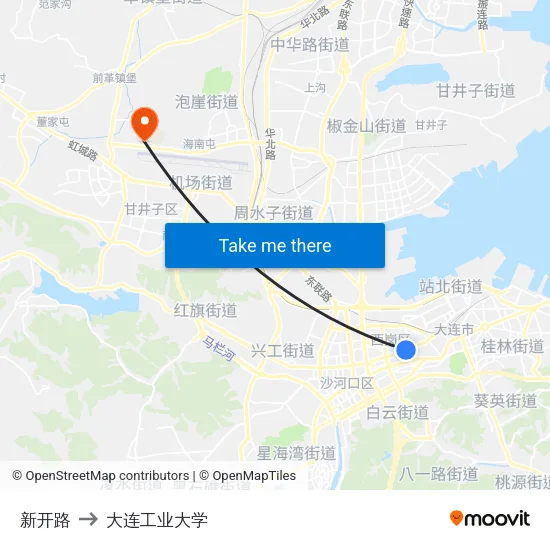 新开路 to 大连工业大学 map