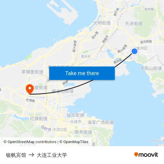 银帆宾馆 to 大连工业大学 map