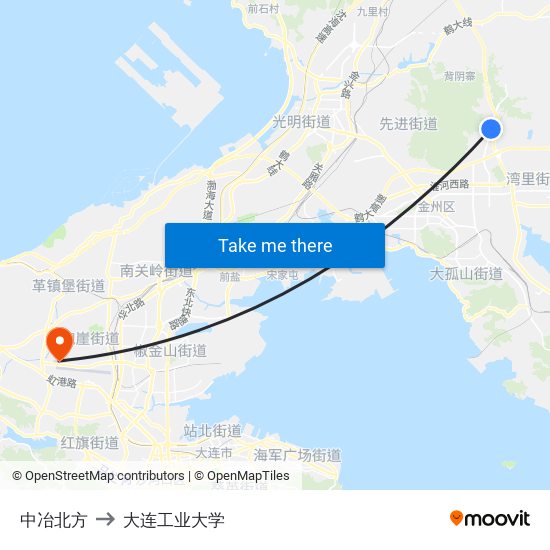 中冶北方 to 大连工业大学 map