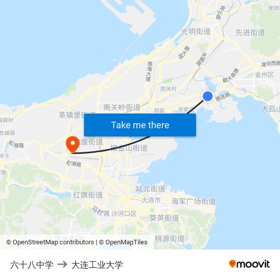 六十八中学 to 大连工业大学 map