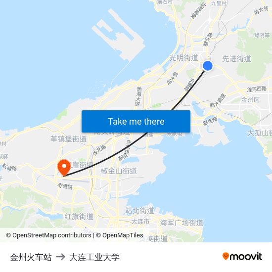 金州火车站 to 大连工业大学 map