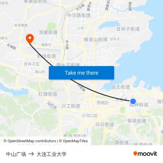中山广场 to 大连工业大学 map