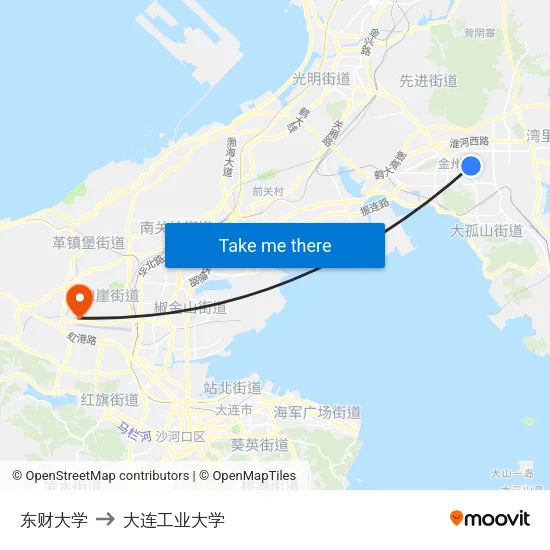 东财大学 to 大连工业大学 map