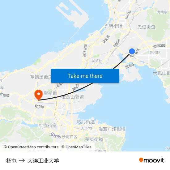 杨屯 to 大连工业大学 map