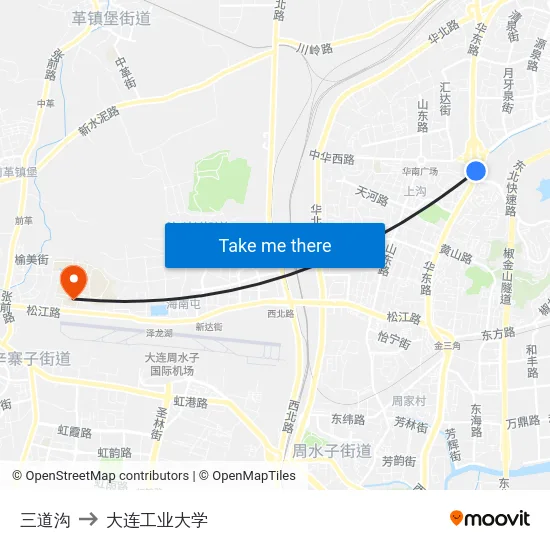 三道沟 to 大连工业大学 map