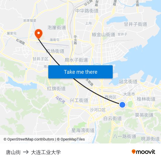 唐山街 to 大连工业大学 map