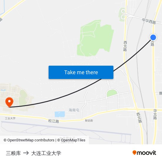 三粮库 to 大连工业大学 map