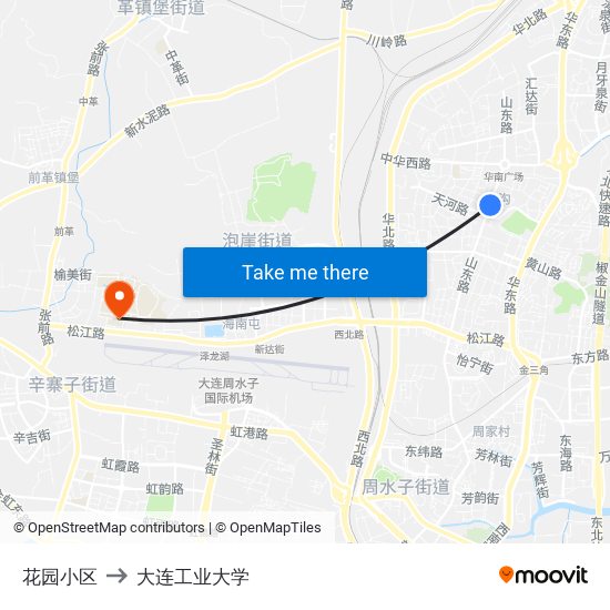 花园小区 to 大连工业大学 map