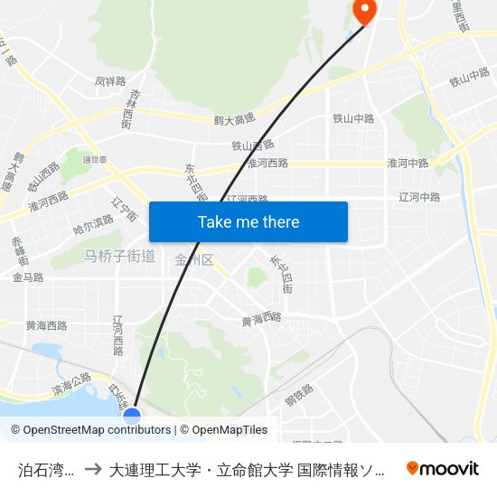 泊石湾浴场 to 大連理工大学・立命館大学 国際情報ソフトウェア学部 map