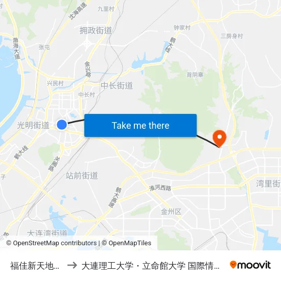 福佳新天地购物广场 to 大連理工大学・立命館大学 国際情報ソフトウェア学部 map