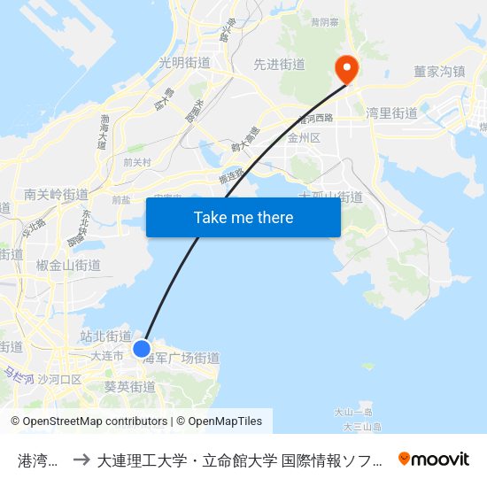 港湾广场 to 大連理工大学・立命館大学 国際情報ソフトウェア学部 map