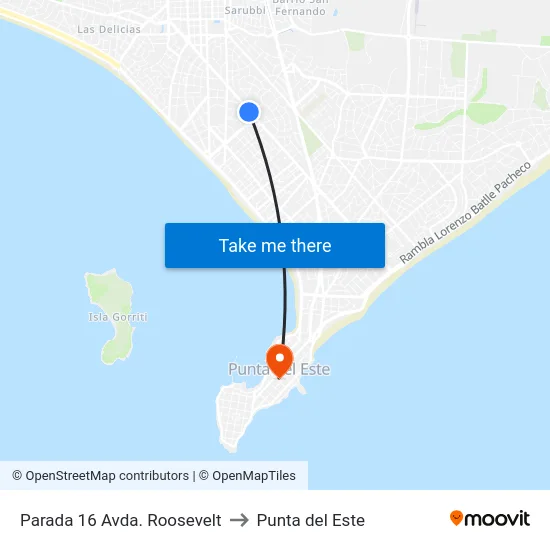 Parada 16 Avda. Roosevelt to Punta del Este map