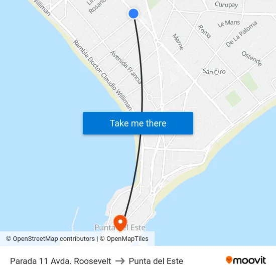 Parada 11 Avda. Roosevelt to Punta del Este map