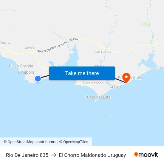 Rio De Janeiro 835 to El Chorro Maldonado Uruguay map