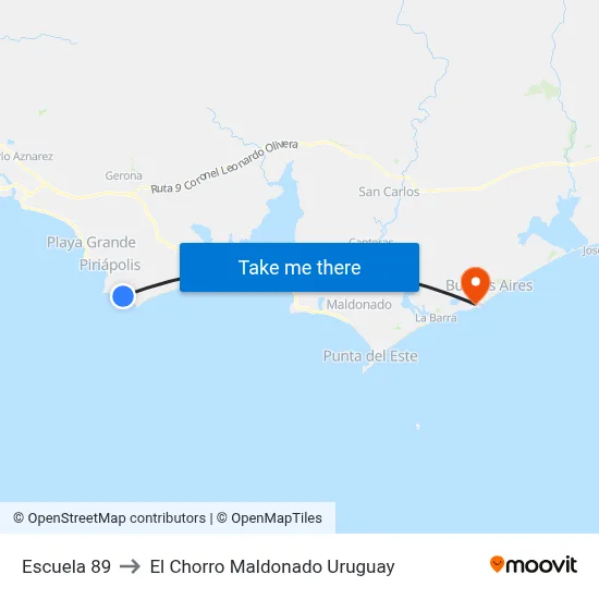 Escuela 89 to El Chorro Maldonado Uruguay map