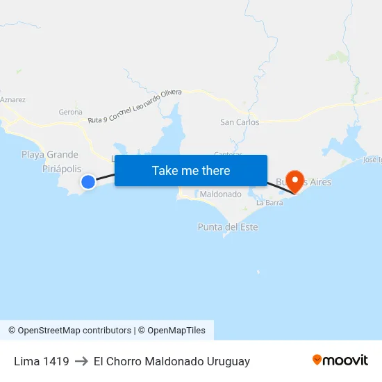 Lima 1419 to El Chorro Maldonado Uruguay map
