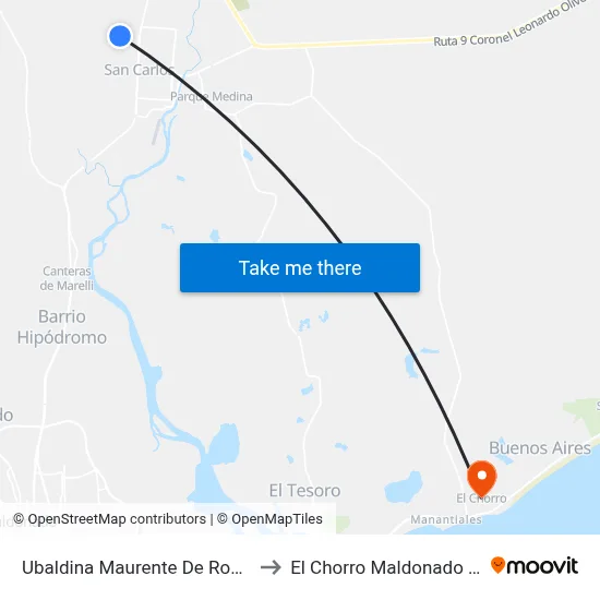 Ubaldina Maurente De Rodriguez 42 to El Chorro Maldonado Uruguay map