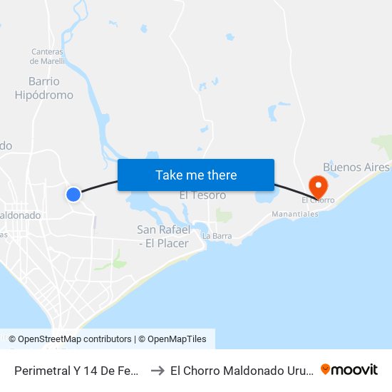 Perimetral Y 14 De Febrero to El Chorro Maldonado Uruguay map