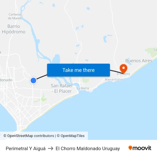 Perimetral Y Aiguá to El Chorro Maldonado Uruguay map