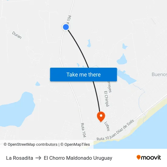 La Rosadita to El Chorro Maldonado Uruguay map